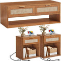 LEYAOYAO Boho Rattan Coffee Table Sets 3 Pieces, Nightstand with Charging Station and Coffee Table with Hidden Storage Compartment, Brown Living Room Table Set, Wood Furniture Sets for Home Office-Ruum Studio Home