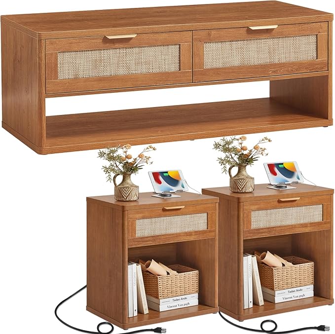 LEYAOYAO Boho Rattan Coffee Table Sets 3 Pieces, Nightstand with Charging Station and Coffee Table with Hidden Storage Compartment, Brown Living Room Table Set, Wood Furniture Sets for Home Office-Ruum Studio Home