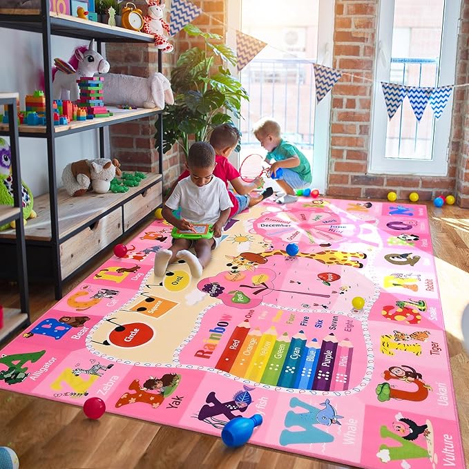 Kids Rugs for Playroom Bedroom Classroom Nursery, Non-Slip and Washable Rugs for Children Toddlers Girls, Educational and Fun Rug Carpets with ABC Alphabet Animals Shapes, 5x7, Pink-Ruum Studio Home