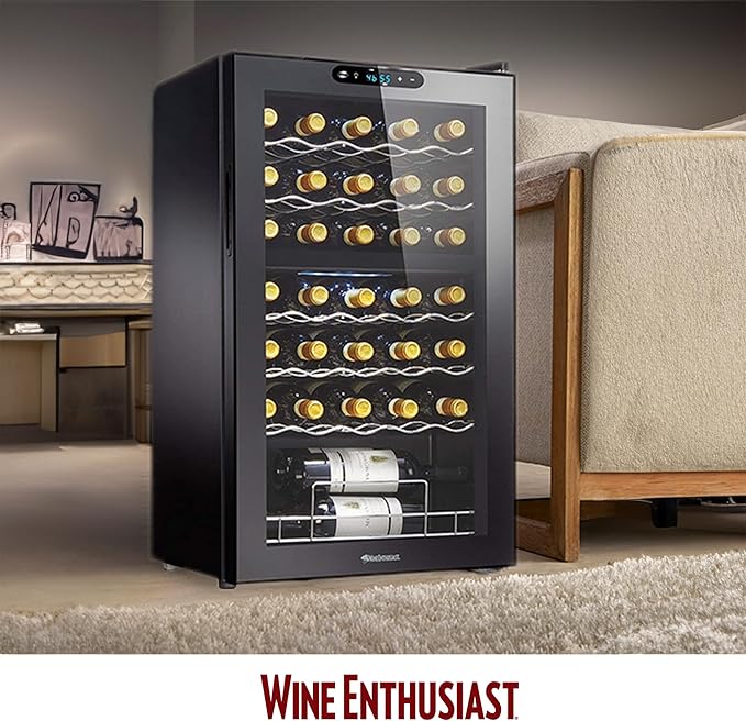 Wine Enthusiast 32-Bottle Dual Zone MAX Compressor Wine Cooler – Freestanding Mini Fridge with Digital Touchscreen, LED Display, Split Storage for Red & White Wines, Matte Black Refrigerator Home Bar-Ruum Studio Home