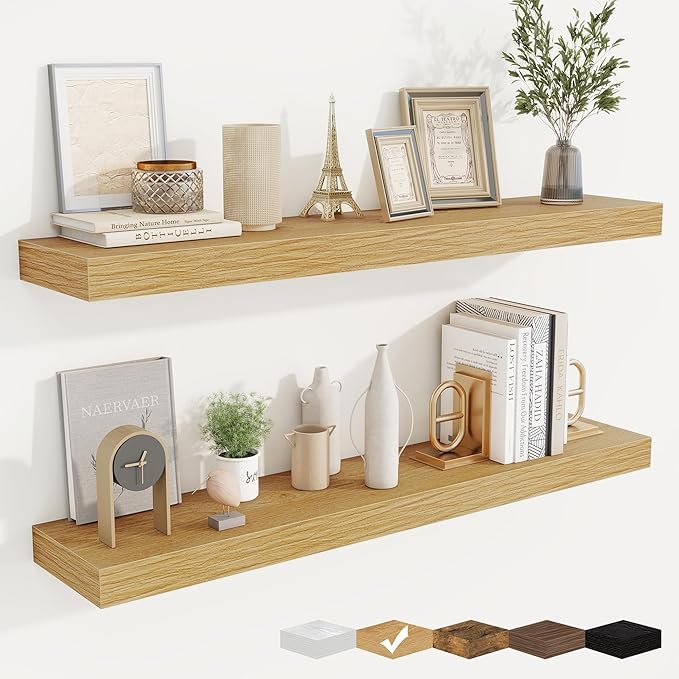 fuqing Floating Shelves for Wall, Bathroom Shelf Wall Mounted for Storage, Shelves with Invisible Bracket for Bedroom, Kitchen, Living Room, Farmhouse Small Book Shelf, 40 Inch Set of 2, Oak-Ruum Studio Home