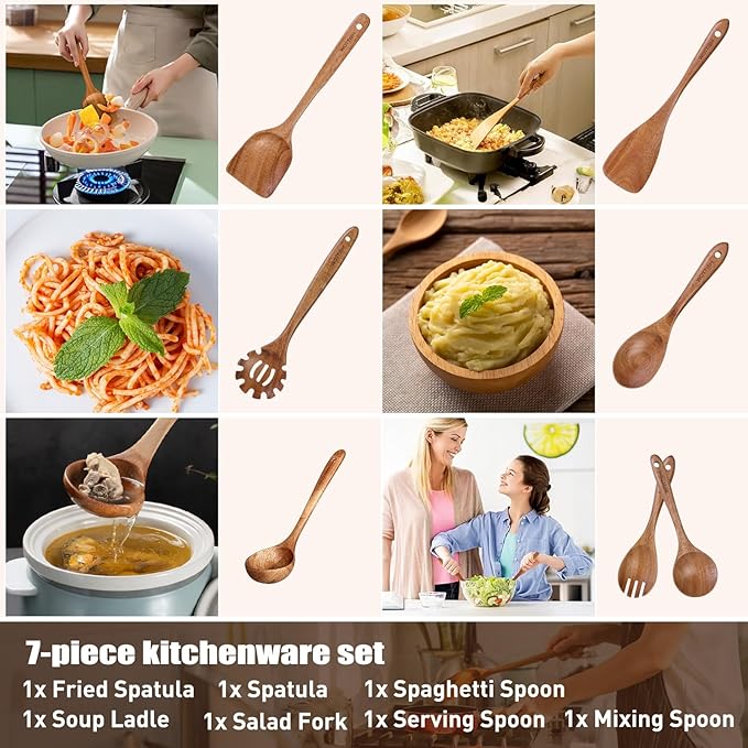 Wooden Utensil Set,WOTTISH 7Pcs Nonstick Wood Spatula,Wooden Kitchen Utensils Set Non Toxic,Wooden Spoons for Cooking（A07）-Ruum Studio Home