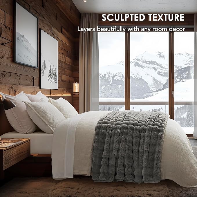 EVERGRACE Ultra Soft Luxury Fluffy Ridgeline Faux Rabbit Fur Throw Blanket, Thick Warm Bubble Throw for Bed, Cozy Plush Reversible Blankets for Couch, Chair, Sofa, Grey, 50x60 Inches, 870 GSM-Ruum Studio Home