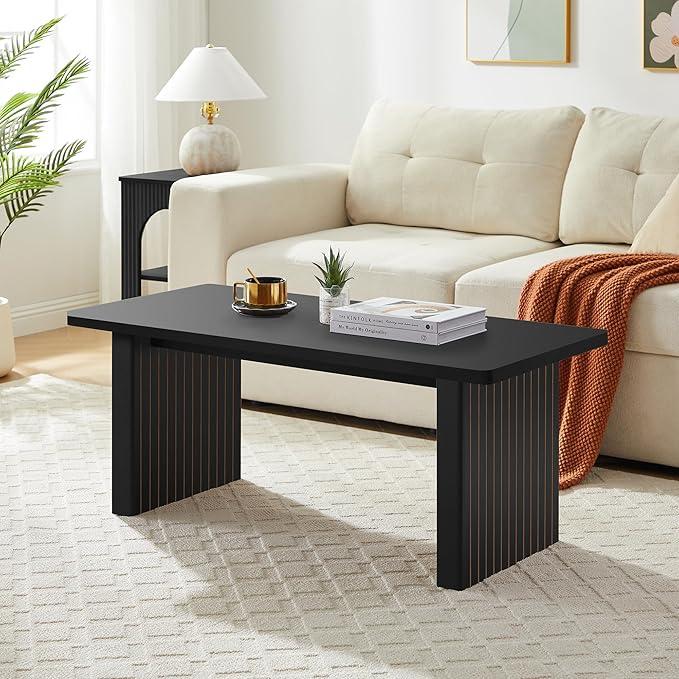 Rectangular Fluted Coffee Table, Farmhouse Wood Coffee Table Mid Century Modern Center Table Boho Living Room Tables for Living Room Office (Black, 19.69" D x 43.3" W x 17.72" H)-Ruum Studio Home