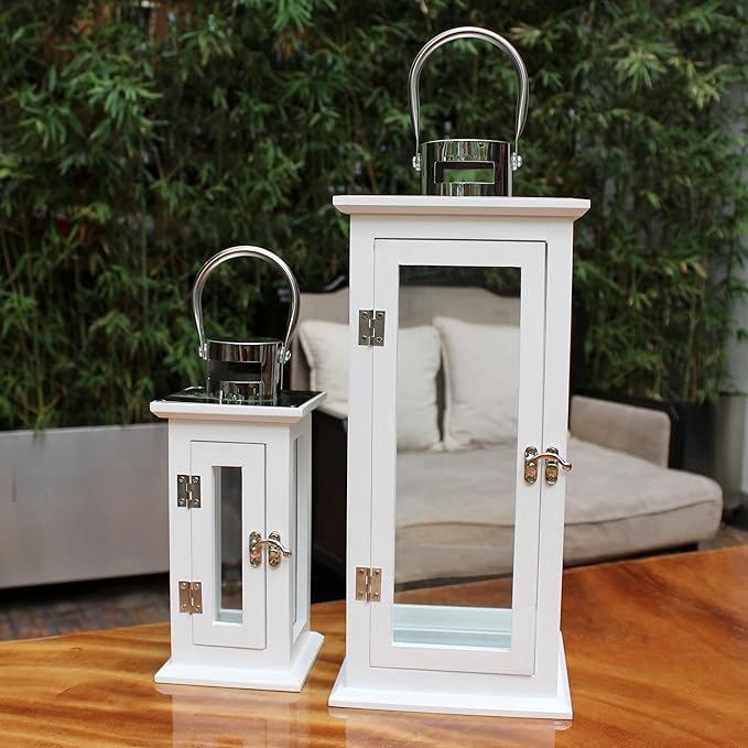 CVHOMEDECO. Decorative Elegant Wood Hurricane Candle Lantern with Stainless Top and Glass Inserts for Home Patio Outdoor Decor. White, Set of 2-Ruum Studio Home