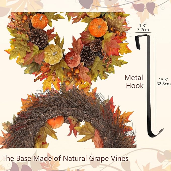 Fall Wreaths for Front Door 26'' Autumn Velvet Pumpkin Wreath with Metal Hook Large Harvest Maple Wreath Fall Decoration for Home Halloween Thanksgiving Decoration, Briful-Ruum Studio Home