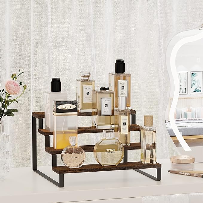 YINMIT Wooden Display Riser Stand, Tiered Perfume and Cologne Organizer Stand, 4 Tier Spice Rack Organizer, Rustic Display Shelf for Candles (4 Tier)-Ruum Studio Home