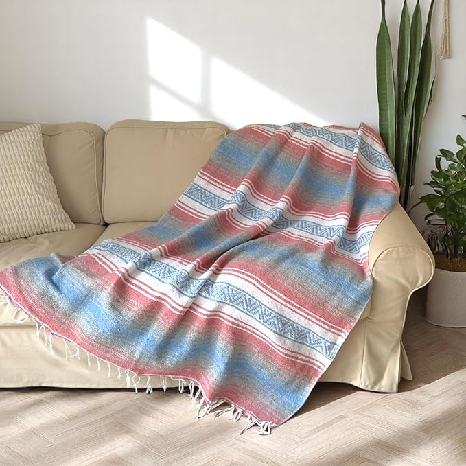 Traditional Handwoven Mexican Blanket, Large Falsa Serape - Soft & Durable - Vibrant Beach, Picnic, Yoga & Camping Mat - Lightweight Boho Throw 70"x50" (Bubblegum)-Ruum Studio Home