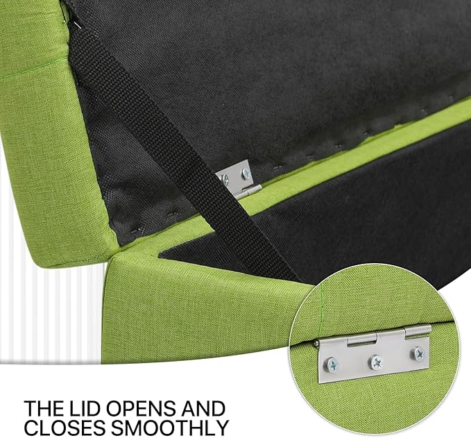 MoNiBloom 42 Inch Long Bench with Storage, Modern 40L Inner Space Green Linen Foot Stool for Bedroom, Upholstered Padded Rectangular Fabric Tufted Bench Footrest with Wood Legs with 660 Lbs Capacity-Ruum Studio Home