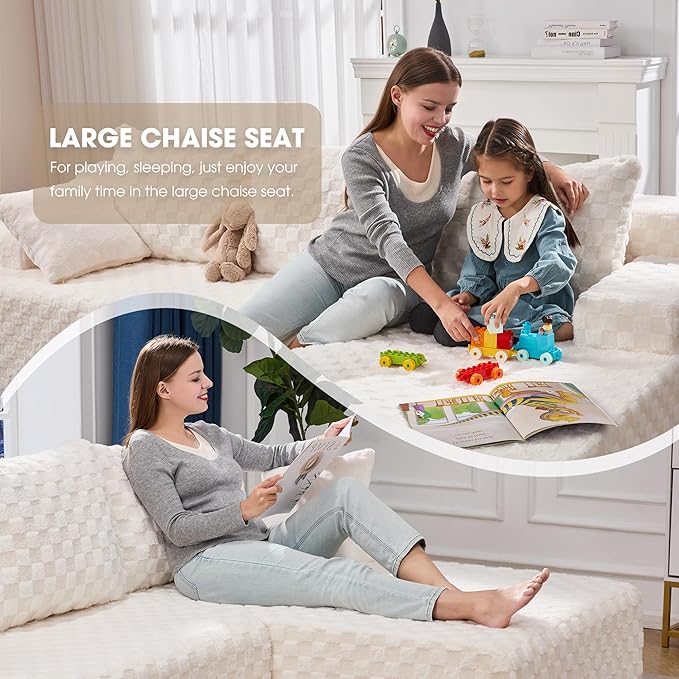 Hobestluk 96“ Modular Sectional Sofa Couches L-Shape Couch 3 Seat Modular Sofa Memory Foam Sectional Couches for Living Room, Cloud Couch with Oversized Chaise (White, Checked (Right Facing Chaise))-Ruum Studio Home