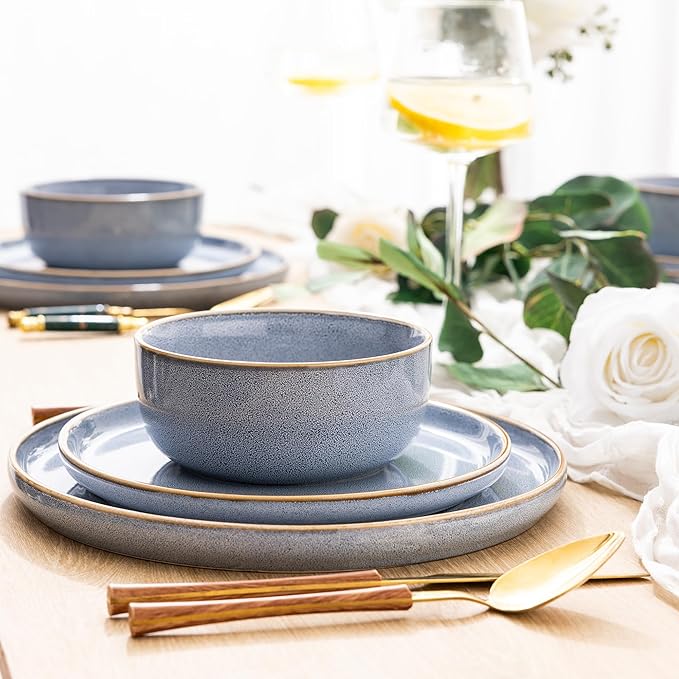 GBHOME Ceramic Dinnerware Sets for 6, 18 Pieces Stoneware Plates and Bowls Sets, Scratch Resistant Dish Sets for Dinner, Dishwasher & Microwave Safe, Brunnera Blue-Ruum Studio Home