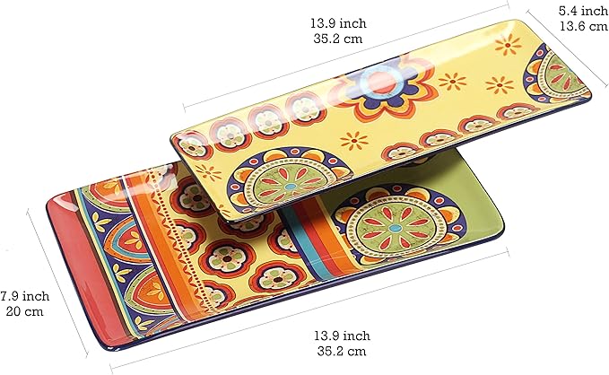Bico Tunisian Ceramic 14 inch Rectangular Serving Platter, Set of 2, for Serving Salad, Pasta, Cheese, Ham, Appetizer, Microwave & Dishwasher Safe-Ruum Studio Home