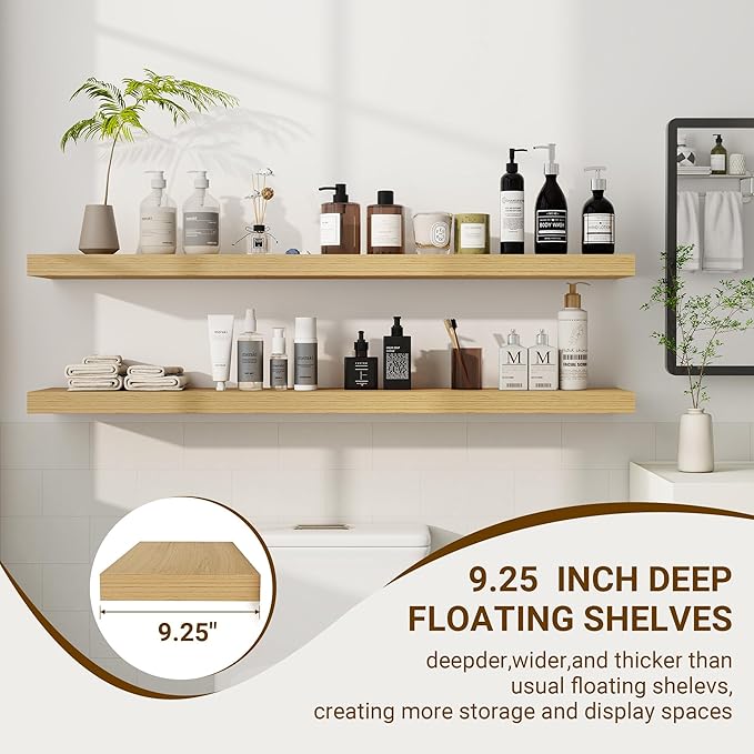 48 Inch Floating Shelves, 3D Textured Wood Grain, 48"x9.25"x1.5" Inch Deep Floating Shelves for Wall, Wooden Shelves for Bathroom, Bedroom, Living Room, Natural-Ruum Studio Home