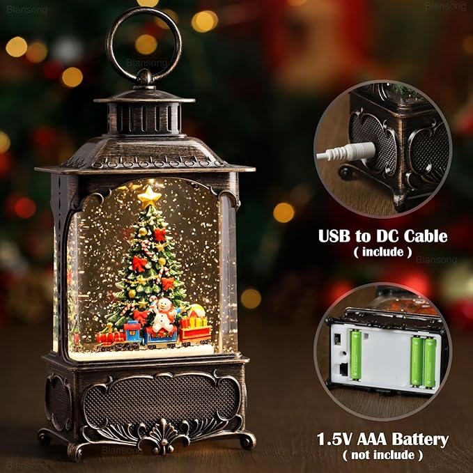 Christmas Tree Snow Globe Lantern Christmas Decorations Gifts Auto Snowfall Glitter Music Collection Snowman Train Candy Cane with 6H Timer USB/Battery Powered 10.2 inch-Ruum Studio Home
