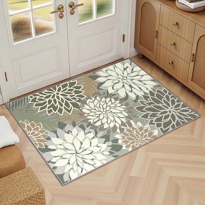 Area Rug 2x3 Brown White Washable Entry Small Rug Multicolored Tropical Botanical Modern Floral Indoor Kitchen Door Mat Entrance Carpet Non Slip for Bedroom Living Room, Porch-Ruum Studio Home