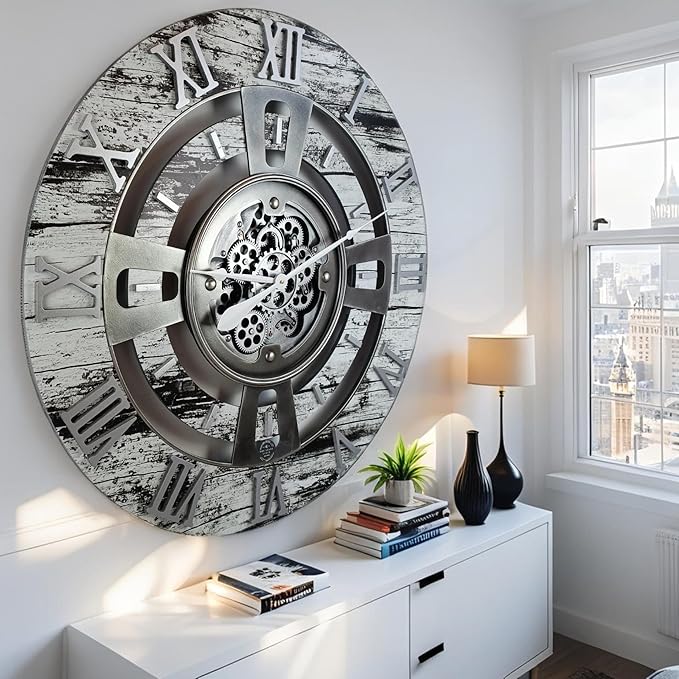 The Gears Clock Real Moving Gear Wall Clock England Line (Grey & White, 36 inches (90 cm))-Ruum Studio Home