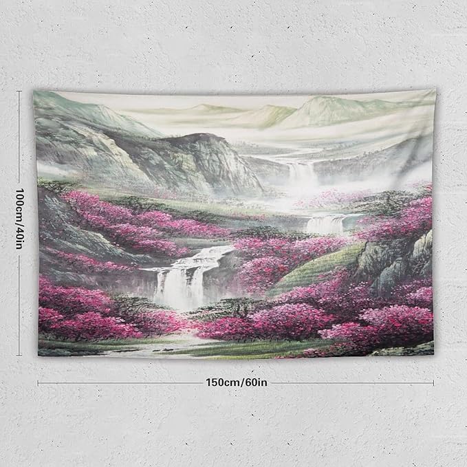 Japanese Tapestry, Red Plum Blossom Mountain Tapestry, Asian Japanese Wall Tapestry, Nature Landscape Tapestries for Bedroom Living Room Decor 60"x40"-Ruum Studio Home