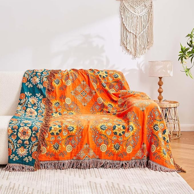 Boho Throw Blanket, 100% Cotton Ultra Soft Luxury Throw Rustic Quilt, 60"x80" Floral Printed Farmhouse Decor Bed Summer Blankets, All Season Rustic Reversible Bohemian Throw for Bed - Orange-Ruum Studio Home