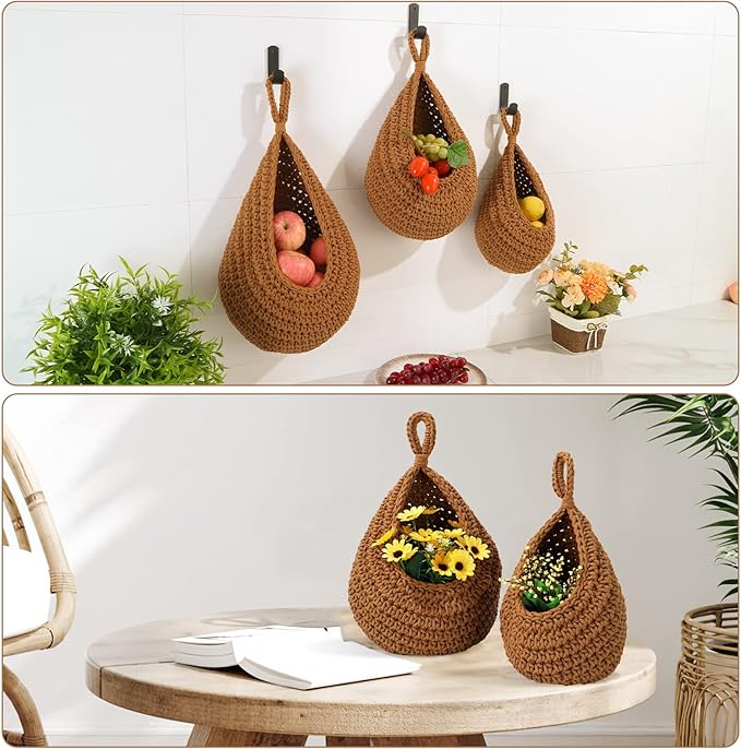 Hanging Fruit Baskets for Kitchen - 3 Pack Boho Wall Hanging Basket with 6 Pcs Strong Hooks, Handwoven Hanging Holder Teardrop Home Produce Basket for Fruits Vegetable Potato Onion Storage (Linen)-Ruum Studio Home