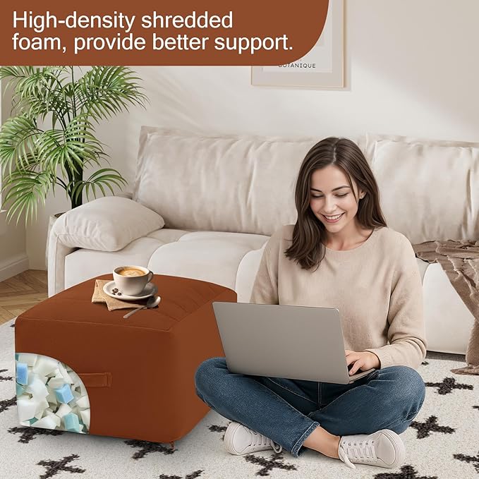 MeMoreCool Square Stuffed Pouf Ottoman Foot Rest, Floor Pouf Foot Stool with Foam Chunk Filling, Soft Stuffed Ottoman Footrest for Living Room, Coffee-Ruum Studio Home