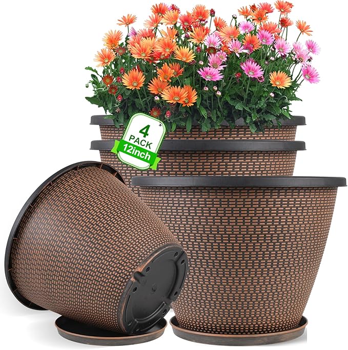 12 inch Pots for Plants, 4 Pack Large Outdoor Planter Pot with Drainage Holes & Saucers, Plastic Flower Pots for Indoor Plants, Decorative Garden Pots for Indoor & Outdoor Plant (Black Copper)-Ruum Studio Home