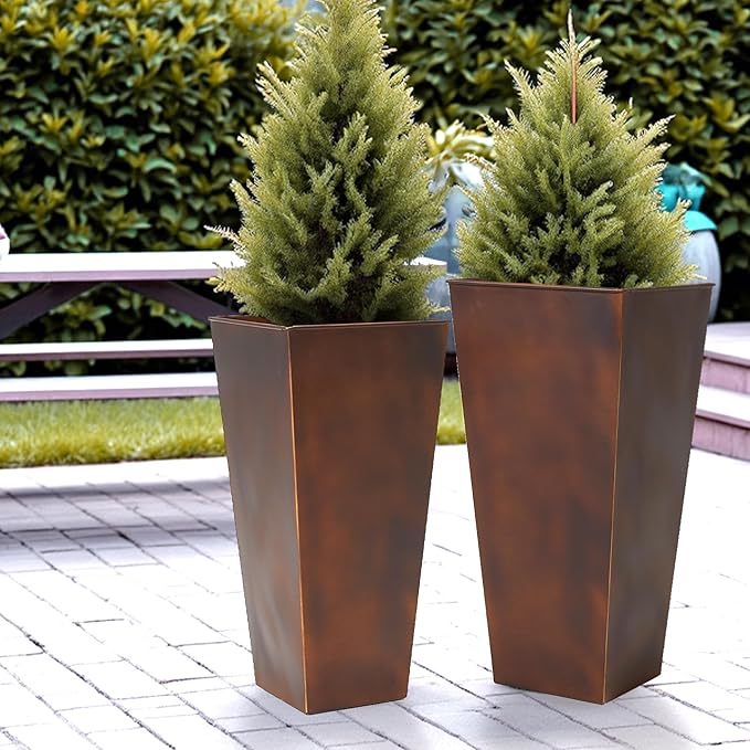 WORTH Garden Large Metal Planter Set of 2 (25" & 28" H.), Matte Bronze Retro Finish Tall Square Tapered Steel Plant Pots, Decor Flower Pot Indoor & Outdoor, Drainage Hole & Dual-Purpose Plant Saucer-Ruum Studio Home