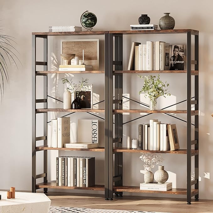 IRONCK Bookshelves and Bookcases, 31.5in Wide Shelf 5-Tier Ladder Shelf 110lbs/shelf Vintage Industrial Style Bookcase for Bedroom Living Room Home, Vintage Brown-Ruum Studio Home