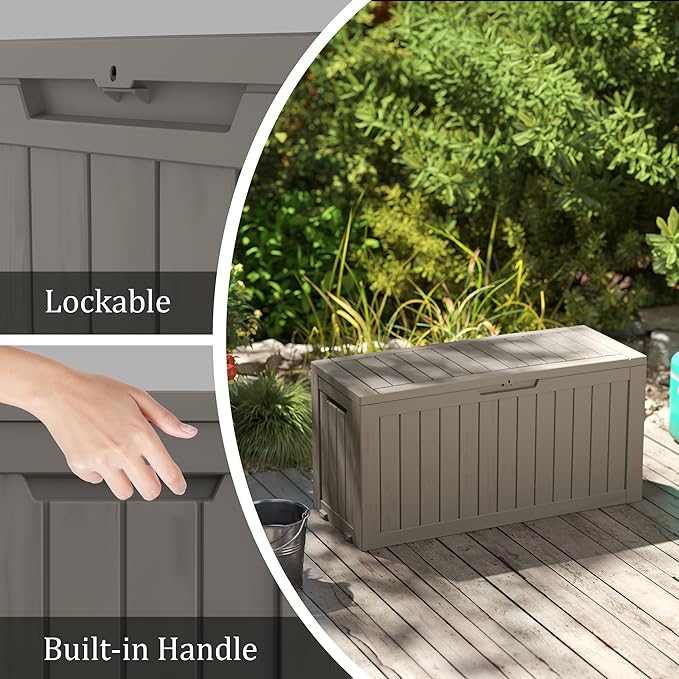75 Gallon Double-Wall Resin Deck Box - Lockable Waterproof Outdoor Storage Box, 515lbs Capacity & Doubles as Seating for Patio Furniture - Garden Tools, Pool Accessories (Brown)-Ruum Studio Home
