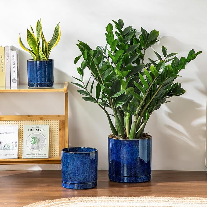 vancasso Ceramic Planters, Plant Pots for Indoor Plants, 6.25+8.25+10.25 Inch Ceramic Pots for Plants, Flower Pots with Drainage Holes (Blue, 6.25+8.25+10.25 Inch)-Ruum Studio Home