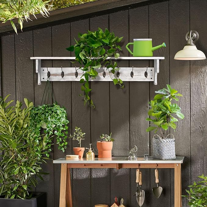 BECHAEO 35.8'' Wood Coat Rack Wall Mount with Shelf, White Wall Coat Rack with Hooks, Farmhouse Rustic Coat Hooks for Entryway Bathroom Hallway Kitchen Bedroom-Ruum Studio Home