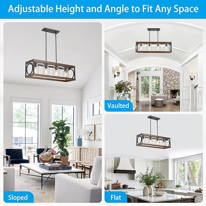 XINGQI Rectangle Chandeliers 31.5" Farmhouse Kitchen Island Lighting Fixture Over Table Modern Vintage Linear Hanging 4-Light for Dining Room Living Room Black Wood Grain Finish with Glass Lampshade-Ruum Studio Home
