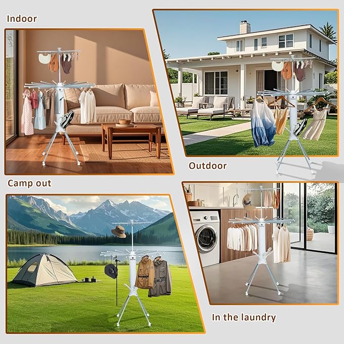 Clothes Drying Rack 2025 Upgrade 4-Legged 3-Tier Foldable Laundry Rack with 4 Pulleys 20 Clips,6 Shoe Dryers 16Drying Rods for Indoor/Outdoor, Camping, Poolside Space Saving, Whit-Ruum Studio Home