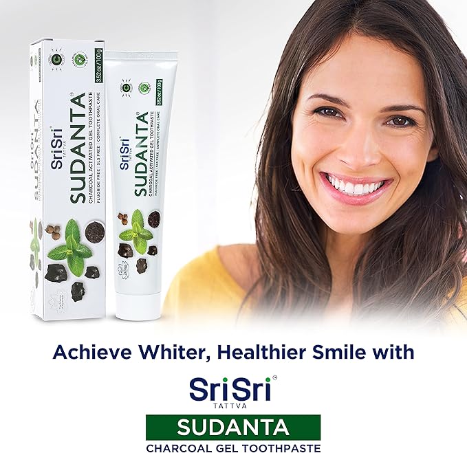 Sri Sri Tattva Sudanta Charcoal Toothpaste Gel – SLS, Fluoride Free Herbal Toothpaste with Neem & Ayurvedic Herbs – Natural Teeth Whitening, Fresh Breath, Oral & Gum Health – 100g Tube (Pack of 2)-Ruum Studio Home