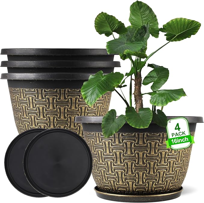 4 Pack 16 Inch Planter,Large Plastic Flower Pots Outdoor Indoor with Drainage Holes & Trays, Retro Antique Imitation Decorative Garden Plant Pots Outdoor for Houseplants-Ruum Studio Home