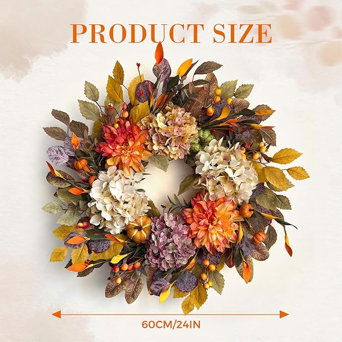 24Inch Fall Wreaths for Front Door,Fall Wreath with Beige Hydrangea,Orange Dahlia Artificial Flowers,Pumpkins,Autumn Wreaths for Harvest Thanksgiving Halloween Indoor Outdoor Home Decor-Ruum Studio Home