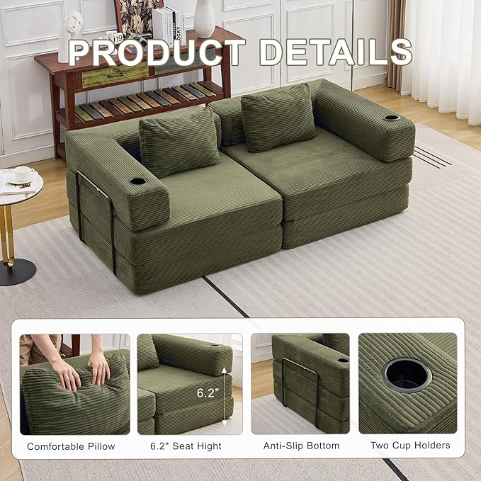 78" W Loveseat Sofa, 4 in 1 Convertible Floor Sofa Bed, Boneless Cloud Couch with Cup Holder, Fold Out Floor Couch, Loveseat Recliner Sleeper for Living Room Bedroom Lounge(Corduroy, White)-Ruum Studio Home