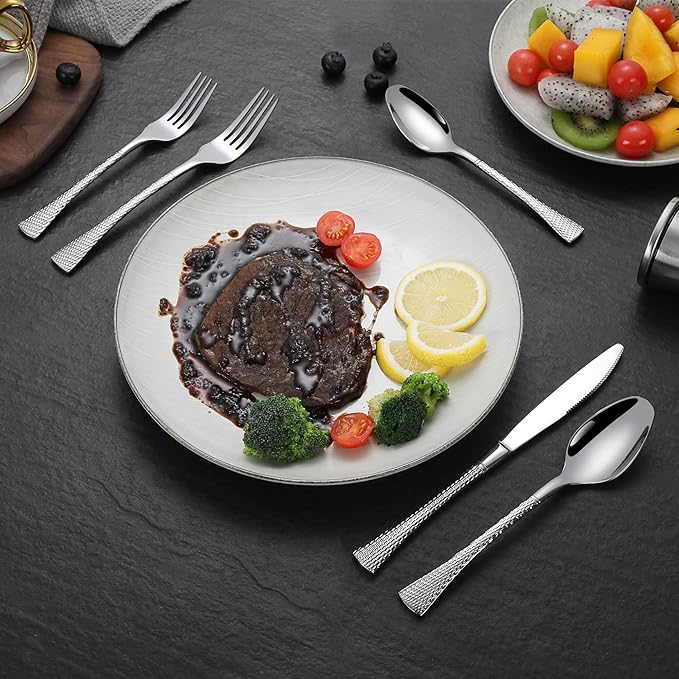 Hammered Silverware Set,20 Piece Modern Flatware Set Service for 4,Mirror Polished Stainless Steel Cutlery Set Utensil Set Tableware Set,Kitchen Knives Forks Spoons Set,Dishwasher Safe-Ruum Studio Home