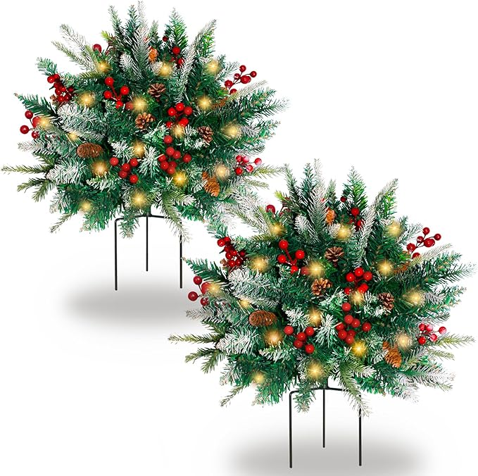 2 Pack Lighted Artificial Christmas Urn Filler, Battery Operated Pre-lit Xmas Pine Trees, Tripod Stake and 60 LED Lights, Holiday Porch Decorations for Porch, Yard, Garden, Flower Beds（Warm White）-Ruum Studio Home