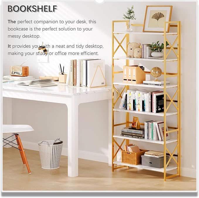 4NM 6 Tiers No Assembly Book Shelves, 61.8" H Folding Bookshelf Bookcase Open Industrial Foldable Shelves for Bedroom, Living Room, Home Office - White Gold-Ruum Studio Home