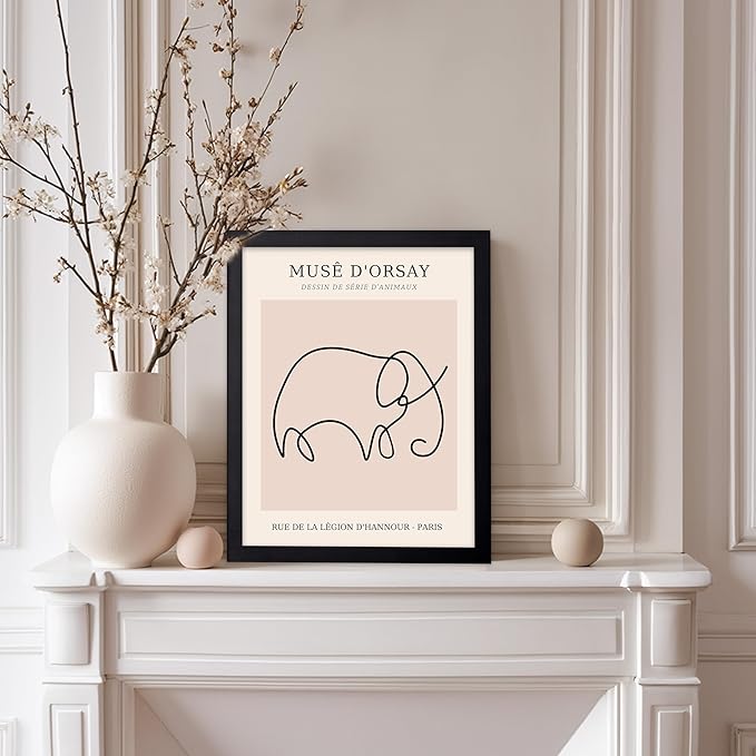 Poster Master Vintage Poster - Retro One Line Elephant Drawing Print - Elephant Art - Minimal Gift for Men, Women, Animal Lover - Abstract Wall Decor for Home, Office, 8x10 Black Framed-Ruum Studio Home