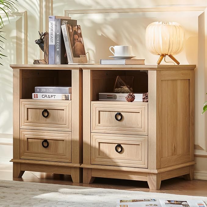 18" Farmhouse Night Stand with Charging Station, 2 Drawers Bedside End Table, Natural Wooden Nightstand, Bed Side Table Cabinet with Open Shelf for Bedroom Living Room Office-Ruum Studio Home