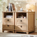 18" Farmhouse Night Stands Set of 2 with Charging Station, 2 Drawers Bedside End Table, Natural Wooden Nightstand, Bed Side Table Cabinet with Open Shelf for Bedroom Living Room Office-Ruum Studio Home