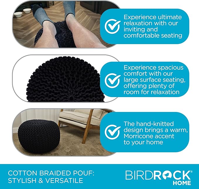 BIRDROCK HOME Round Pouf Ottoman | Cotton Braided Foot Stool with Bean Bag Filling | Boho Foot Rest for Living Room & Bedroom | Compact & Comfortable Seating, Lightweight & Soft | Black-Ruum Studio Home