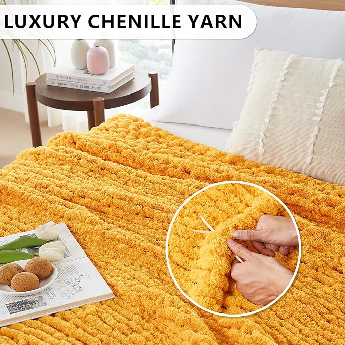 L'AGRATY Chunky Knit Blanket Throw - Soft Chunky Throw Blanket 30x40: 100% Hand Kintted Chenile Crochet Throw Blanket for Couch - Large Cable Knit Chunky Blanket for Home Decor(Mustard Yellow)-Ruum Studio Home