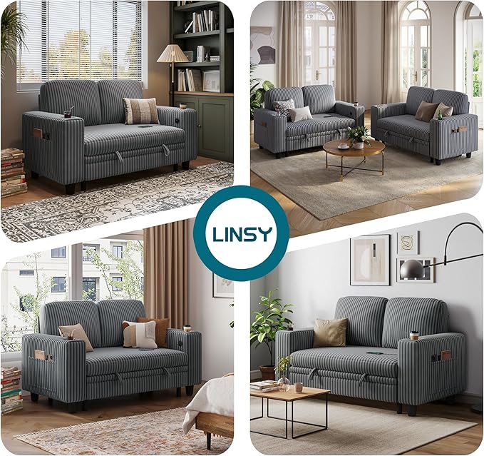 LINSY HOME Loveseat Sofa with Pull Out Couch: 2-in-1 Convertible 2 Seater Sofa Chaise with USB Charging & Cup Holders, Comfy Plush Corduroy Love Seat for Small Spaces Living Room Apartment, Grey-Ruum Studio Home
