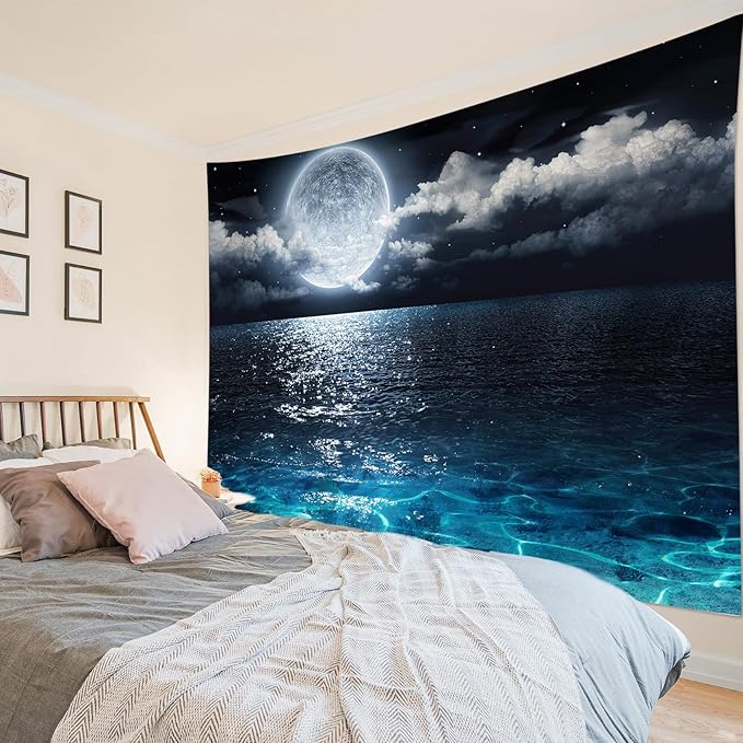 LB Moon Ocean Tapestry - Watercolor Blue Ocean and White Cloud Extra Large Wall Tapestry for Bedroom Starry Night Sky Wall Art for Bedroom Living Room Dorm Decor - 92.5Wx70.9H inches-Ruum Studio Home