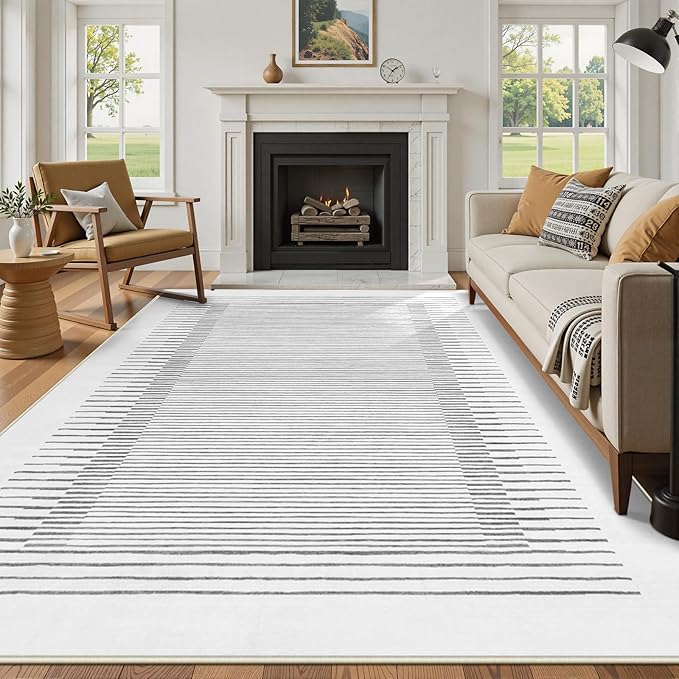 Wonnitar Striped 9x12 Rugs for Living Room, Non-Slip Soft Grey Berber Stripe Bedroom Rug, Low Pile Minimalist Floor Carpet for Dining Room Living Room Department (Grey,9' x 12')-Ruum Studio Home