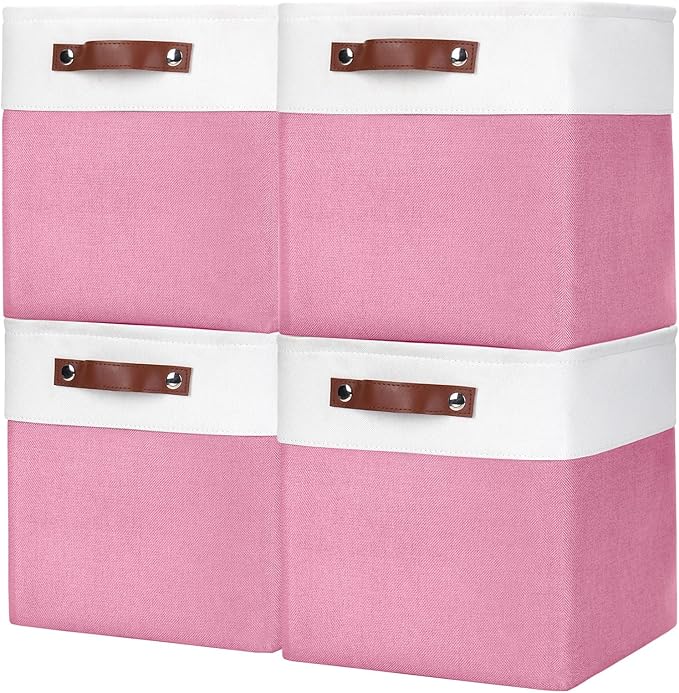 Collapsible Fabric Storage Cubes 11x11 Cube Storage Bins, 4 Pack Closet Baskets Box with Handles for Organizing, Shelf, Toys, Clothes, Home, Office, Nursery (Pink&White)-Ruum Studio Home