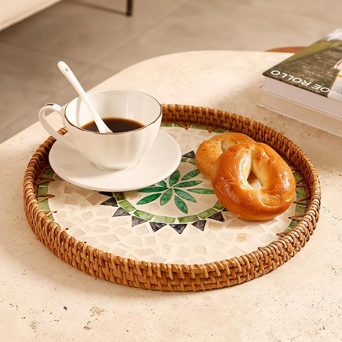 Round Rattan Tray with Mother of Pearl Inlay & Wooden Base - Decorative Wicker Serving Tray for Coffee/Bread/Fruits, Food Storage & Display - Multipurpose Home Decor (M,Bohemia)-Ruum Studio Home