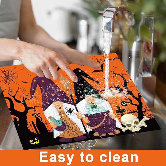 Plastic Placemats Set of 6 Halloween Table Mats - Trick or Treat Kitchen Decor - Wipe Clean, Washable, Recyclable - Orange Place Mats for Indoor/Outdoor - Heat Resistant - Kitchen/Dining Table-Ruum Studio Home